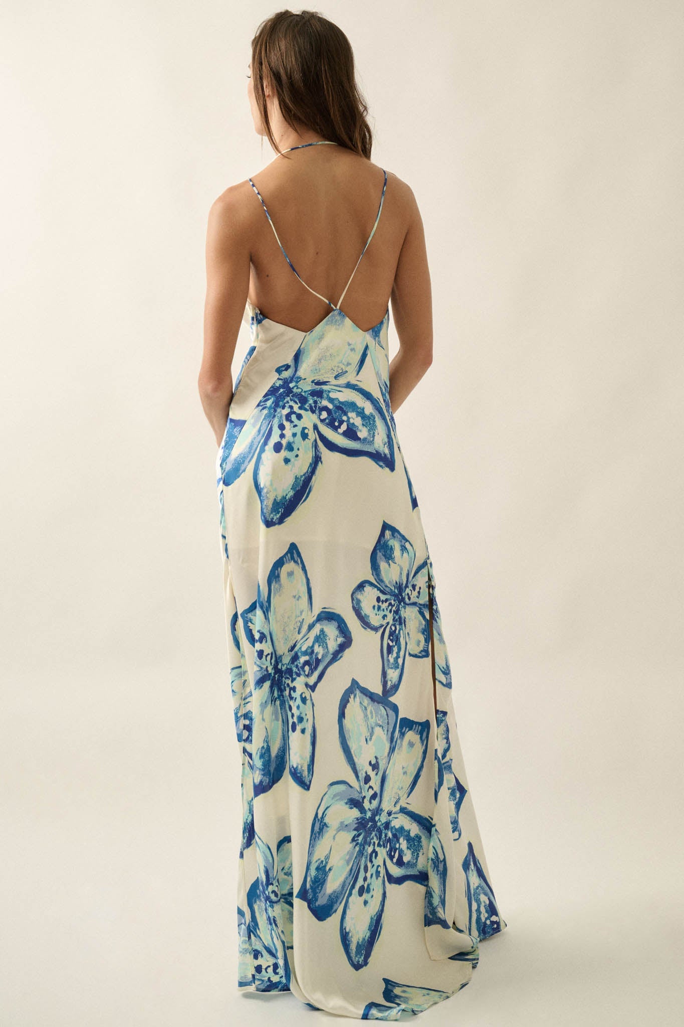 Azure Blossoms Floral Satin Open-Back Maxi Dress