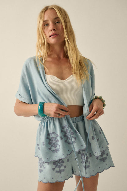 Gorgeous Day Embroidered Denim Drawstring Kimono