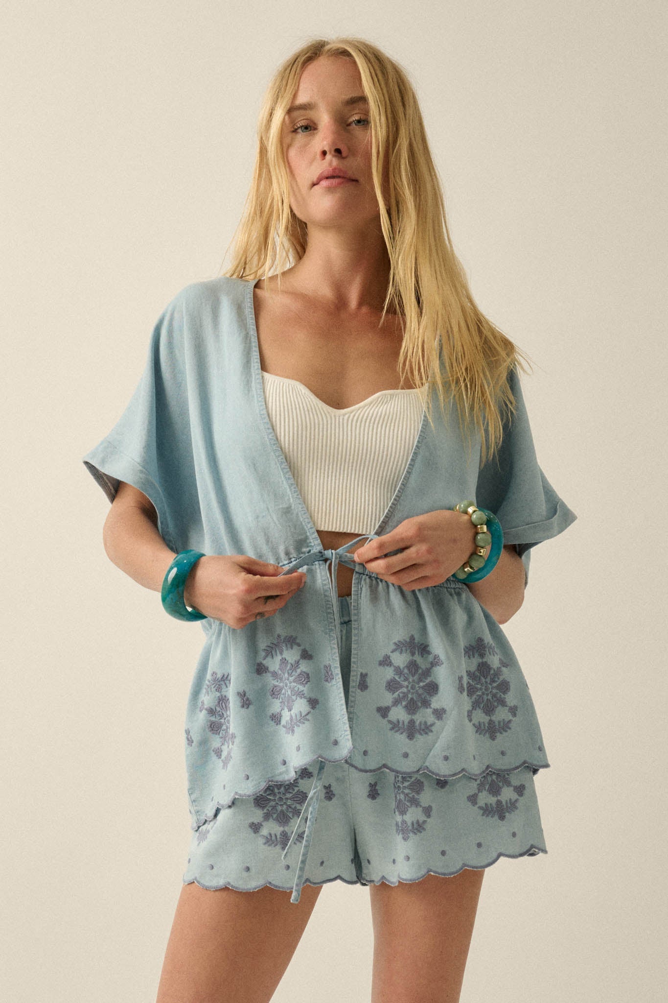 Gorgeous Day Embroidered Denim Drawstring Kimono