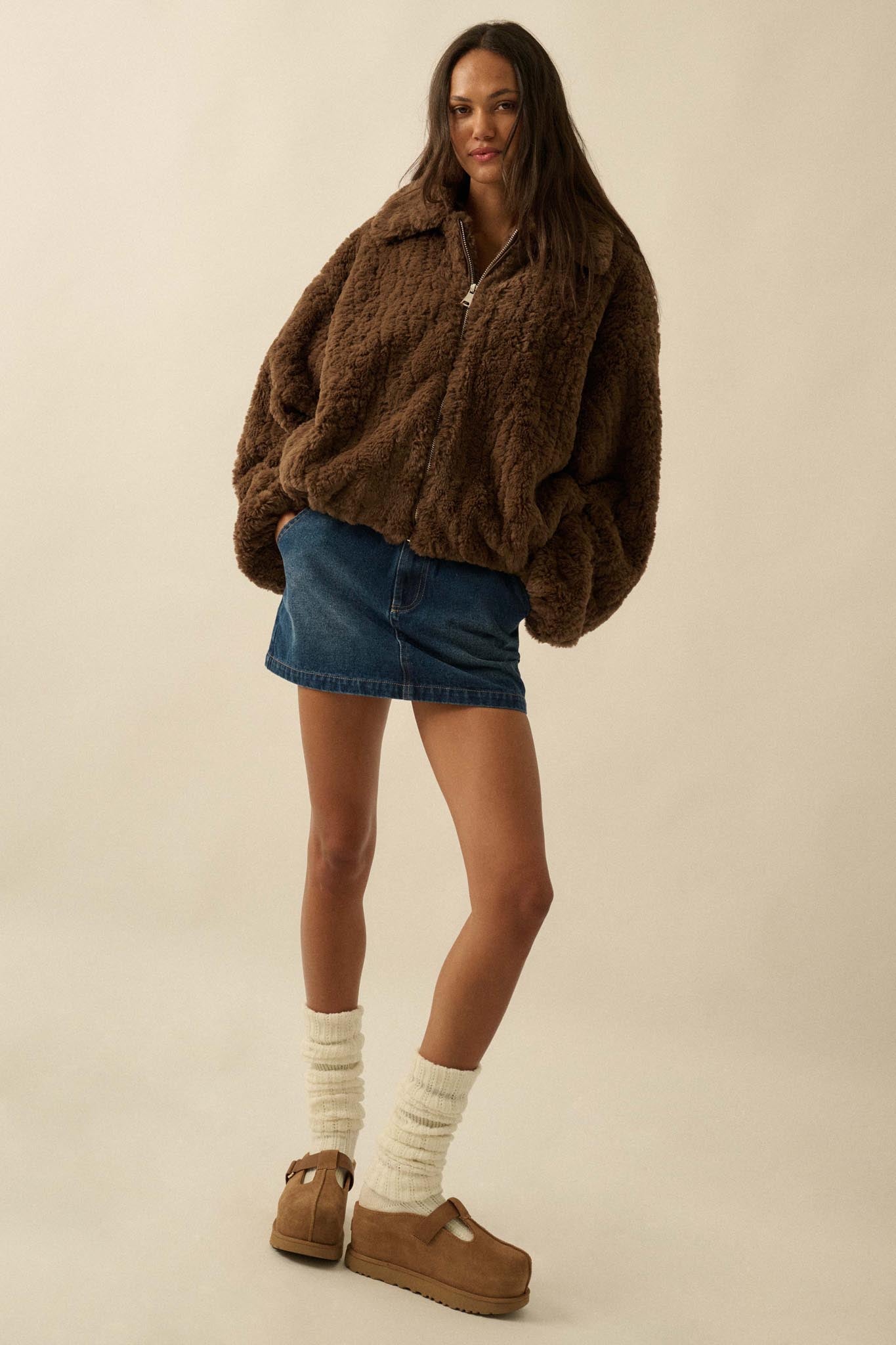 Fur Sure Faux Fur Collared Zip-Up Teddy Jacket