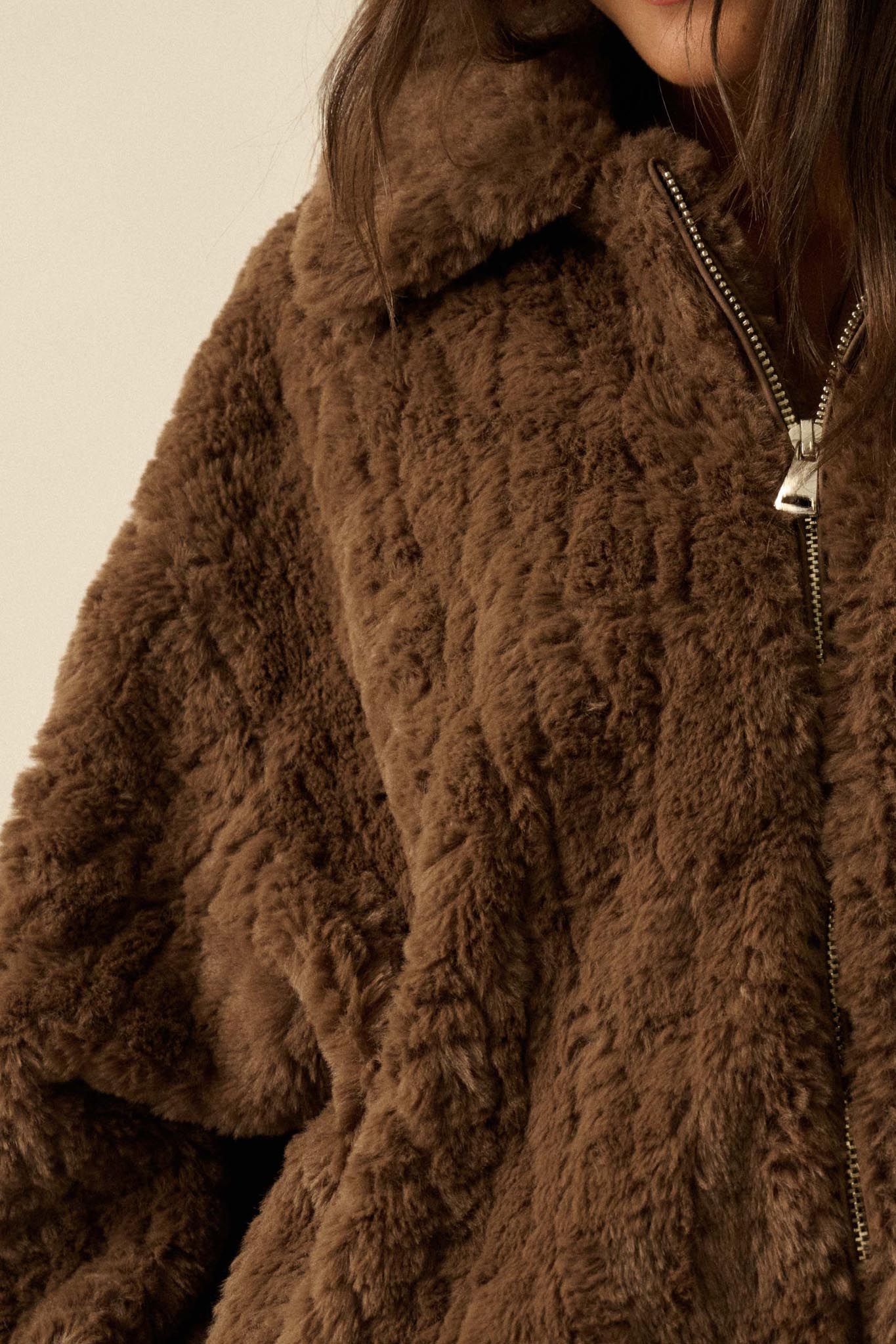 Fur Sure Faux Fur Collared Zip-Up Teddy Jacket