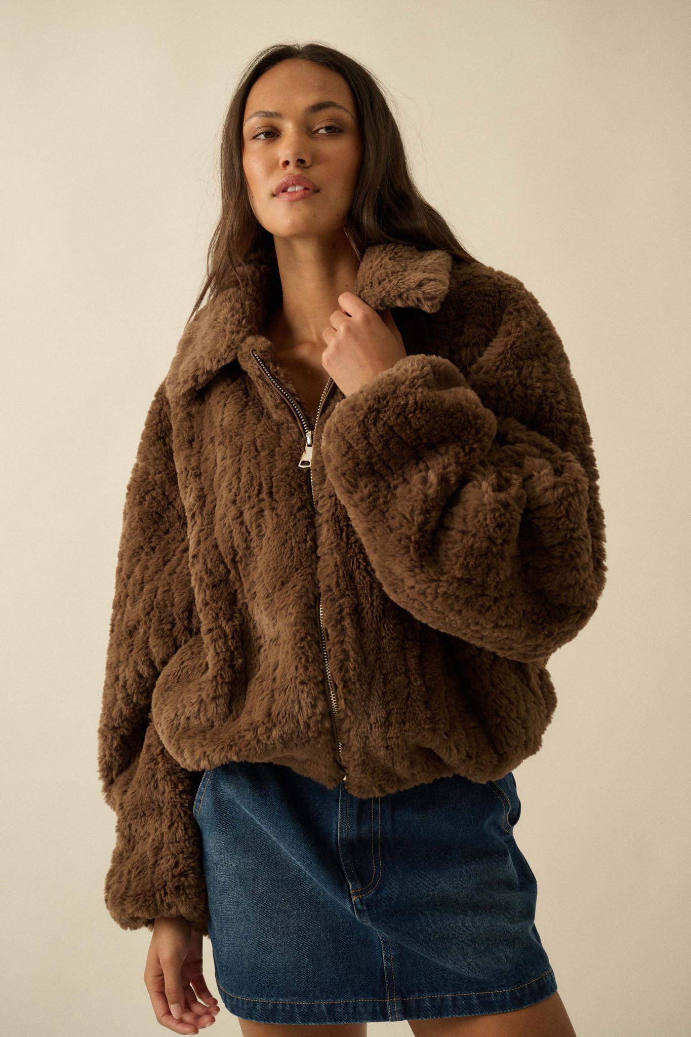 Fur Sure Faux Fur Collared Zip-Up Teddy Jacket
