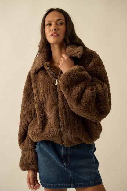 Fur Sure Faux Fur Collared Zip-Up Teddy Jacket