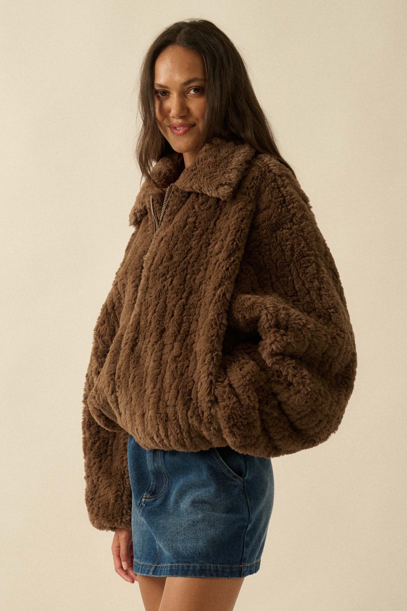 Fur Sure Faux Fur Collared Zip-Up Teddy Jacket
