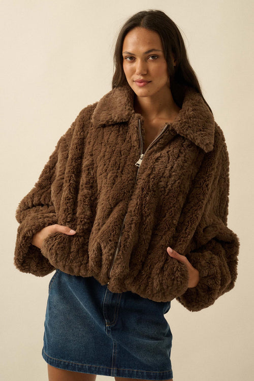Fur Sure Faux Fur Collared Zip-Up Teddy Jacket
