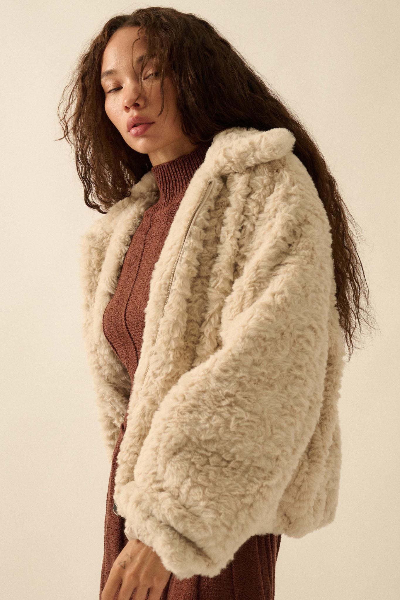 Fur Sure Faux Fur Collared Zip-Up Teddy Jacket