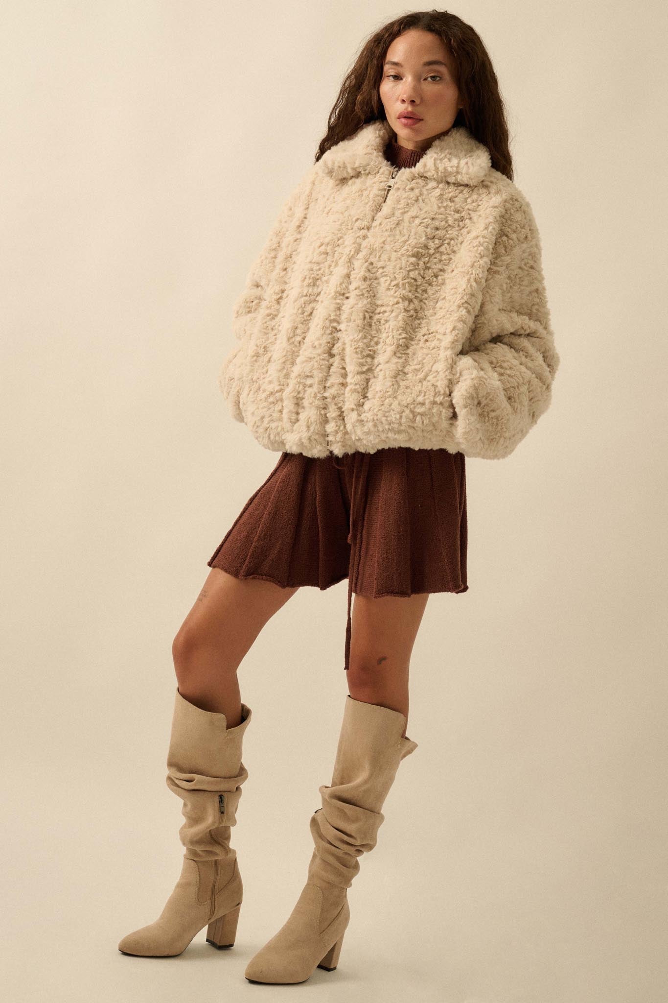 Fur Sure Faux Fur Collared Zip-Up Teddy Jacket