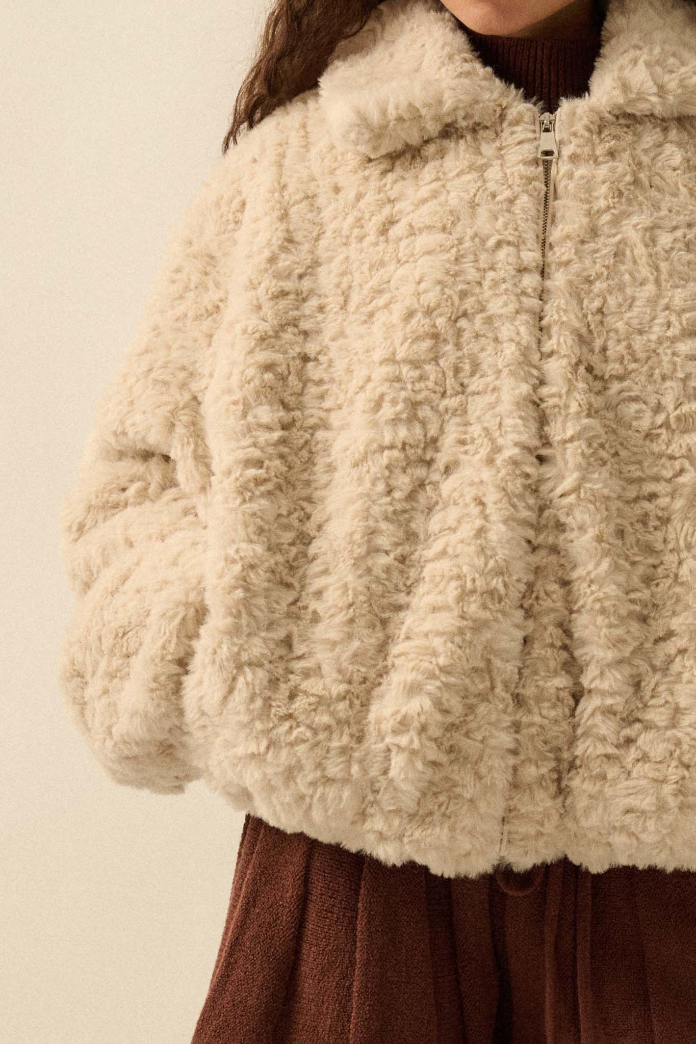 Fur Sure Faux Fur Collared Zip-Up Teddy Jacket