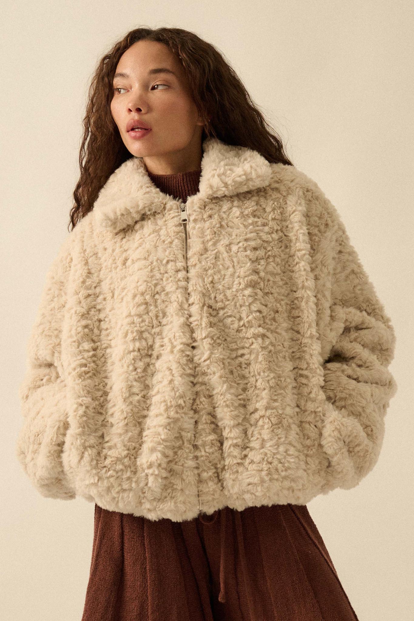 Fur Sure Faux Fur Collared Zip-Up Teddy Jacket