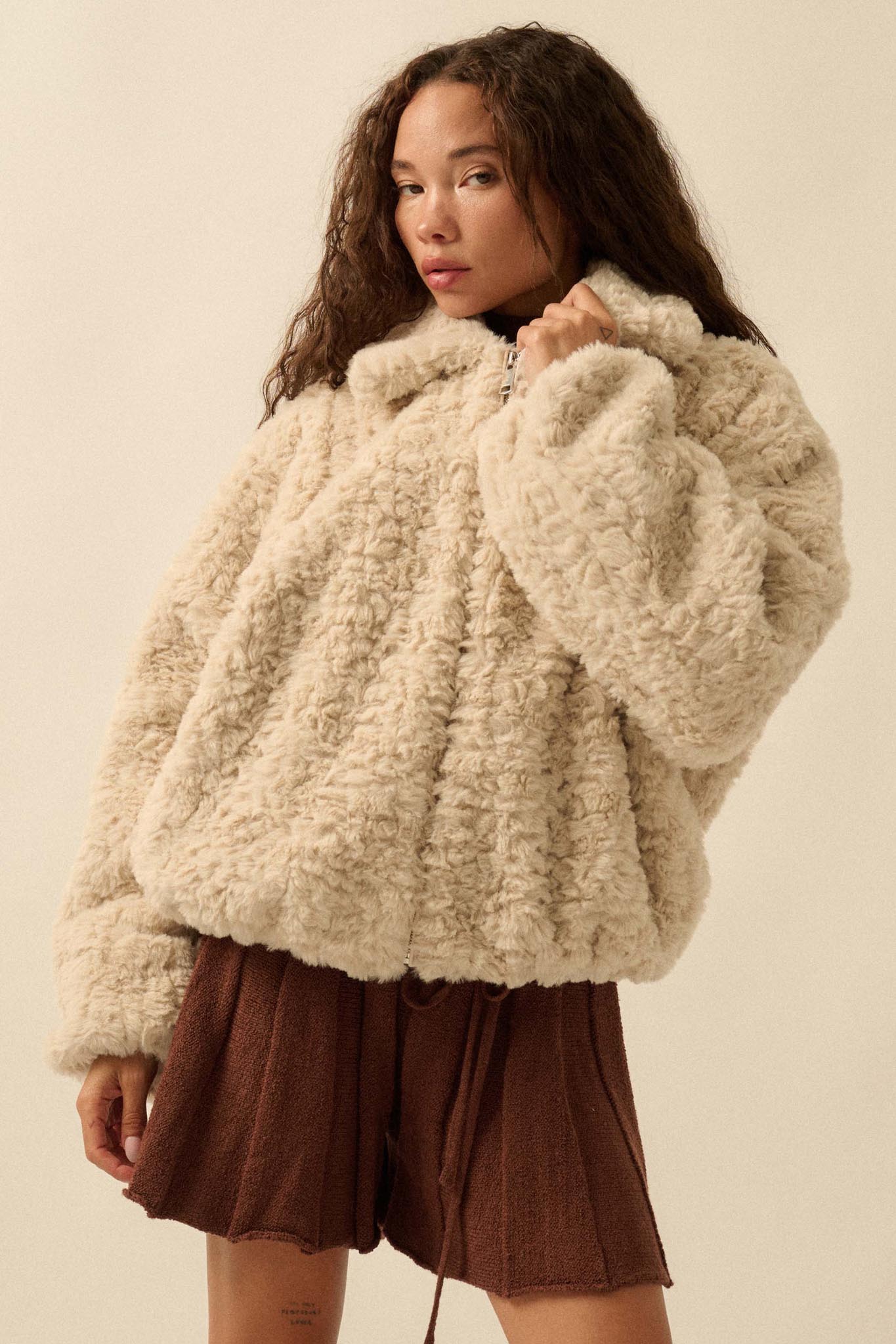 Fur Sure Faux Fur Collared Zip-Up Teddy Jacket