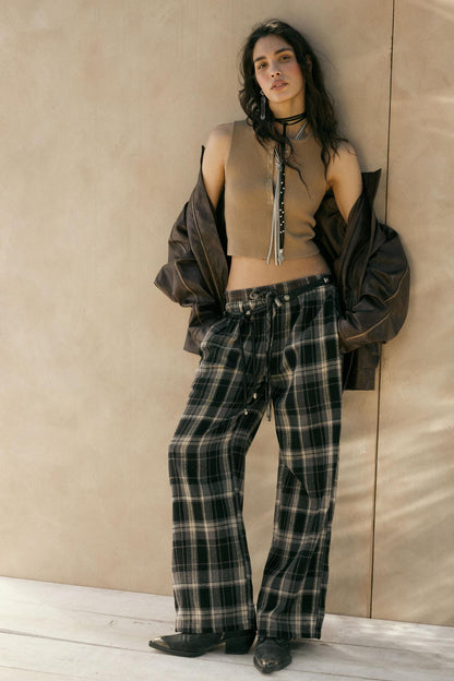 Plaid Influence Wide-Leg Drawstring Flannel Pants