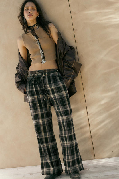 Plaid Influence Wide-Leg Drawstring Flannel Pants