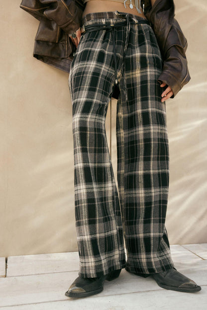 Plaid Influence Wide-Leg Drawstring Flannel Pants