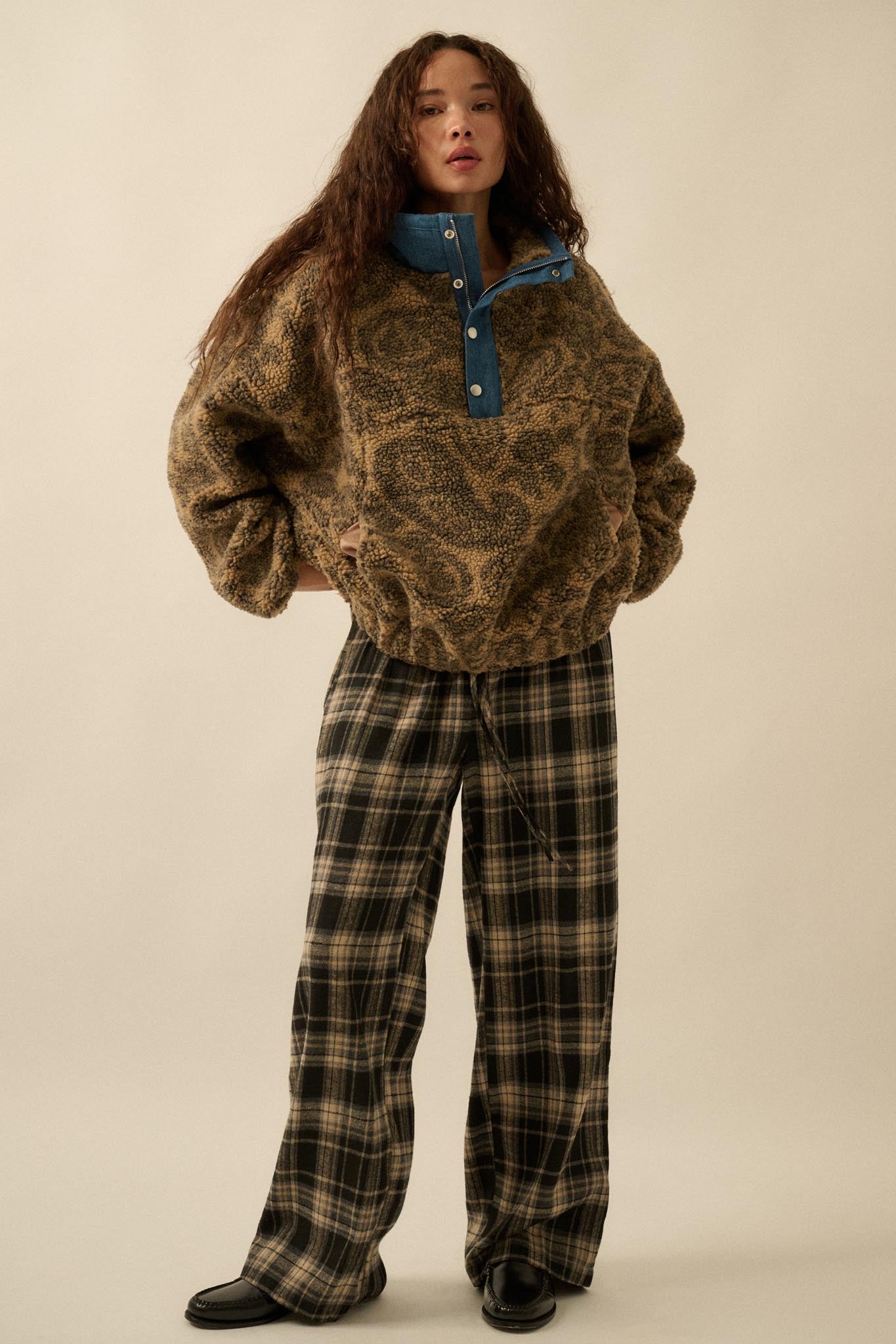 Plaid Influence Wide-Leg Drawstring Flannel Pants