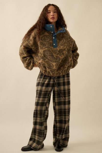 Plaid Influence Wide-Leg Drawstring Flannel Pants