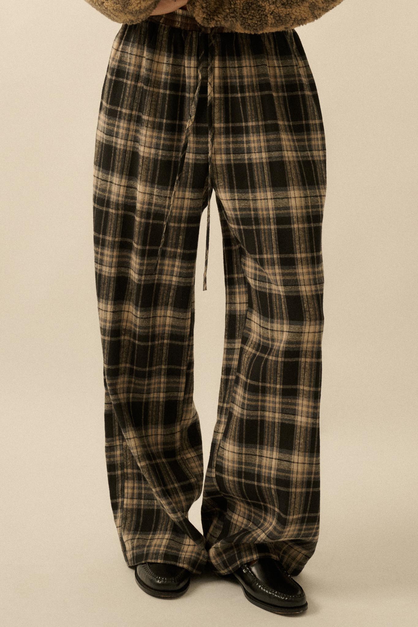 Plaid Influence Wide-Leg Drawstring Flannel Pants