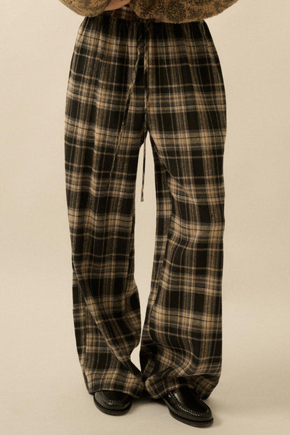 Plaid Influence Wide-Leg Drawstring Flannel Pants