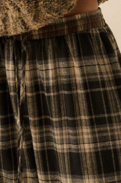 Plaid Influence Wide-Leg Drawstring Flannel Pants