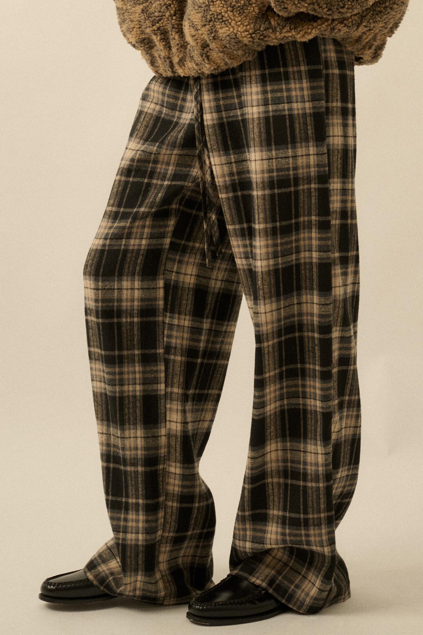Plaid Influence Wide-Leg Drawstring Flannel Pants