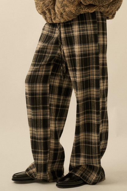 Plaid Influence Wide-Leg Drawstring Flannel Pants