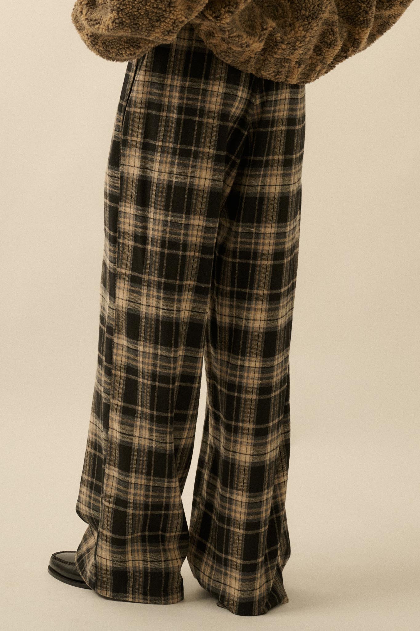 Plaid Influence Wide-Leg Drawstring Flannel Pants
