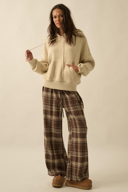 Plaid Influence Wide-Leg Drawstring Flannel Pants