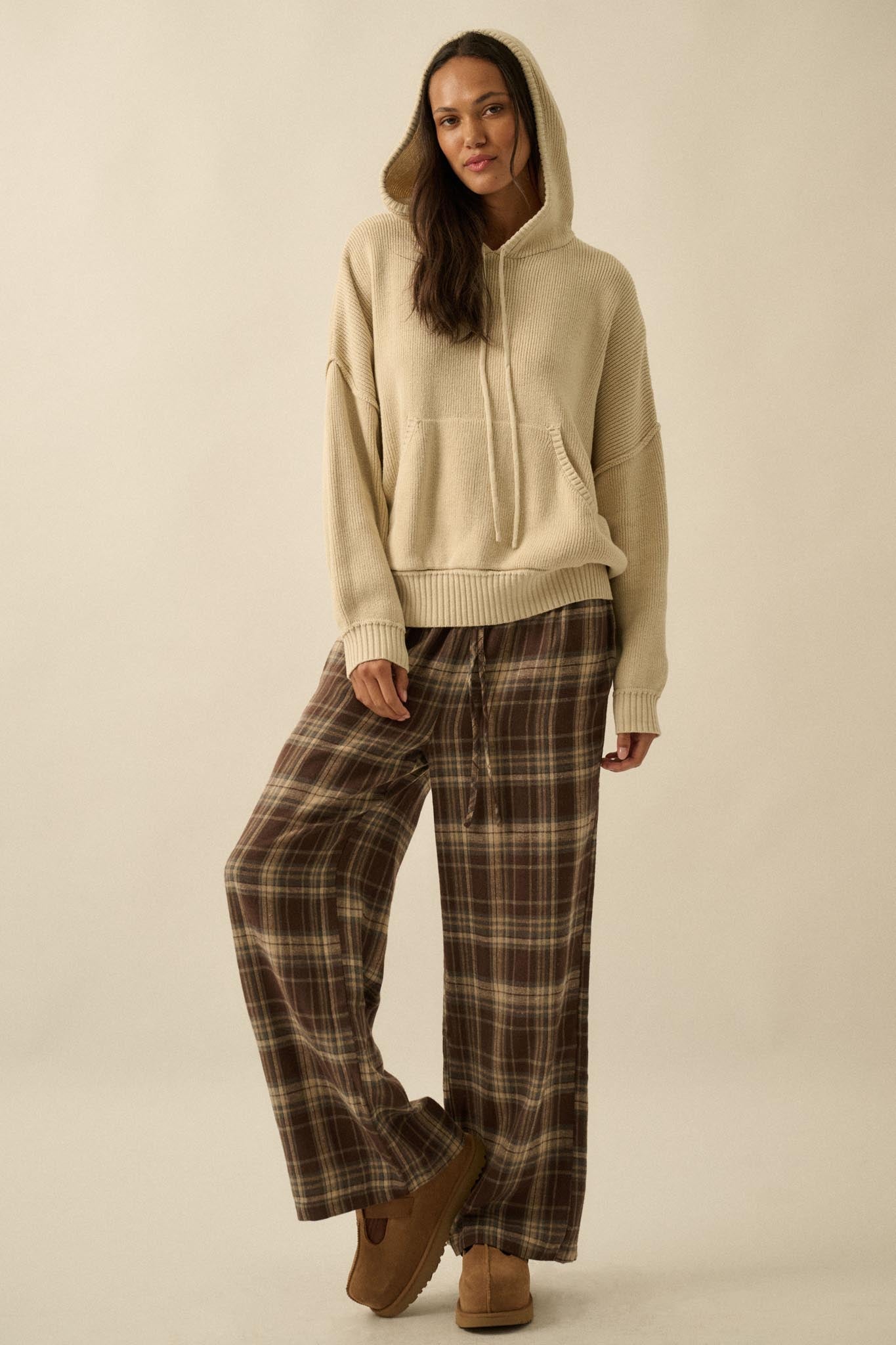 Plaid Influence Wide-Leg Drawstring Flannel Pants