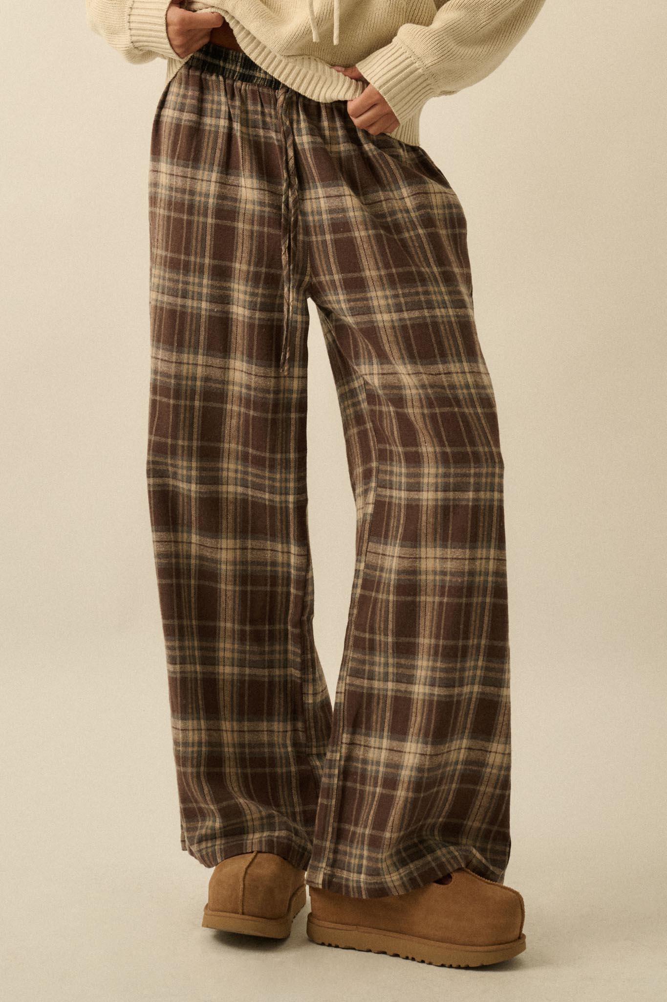 Plaid Influence Wide-Leg Drawstring Flannel Pants