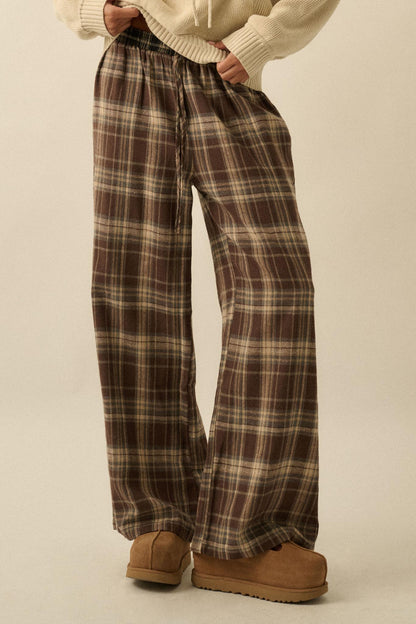 Plaid Influence Wide-Leg Drawstring Flannel Pants