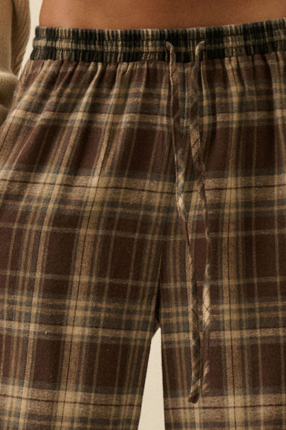 Plaid Influence Wide-Leg Drawstring Flannel Pants