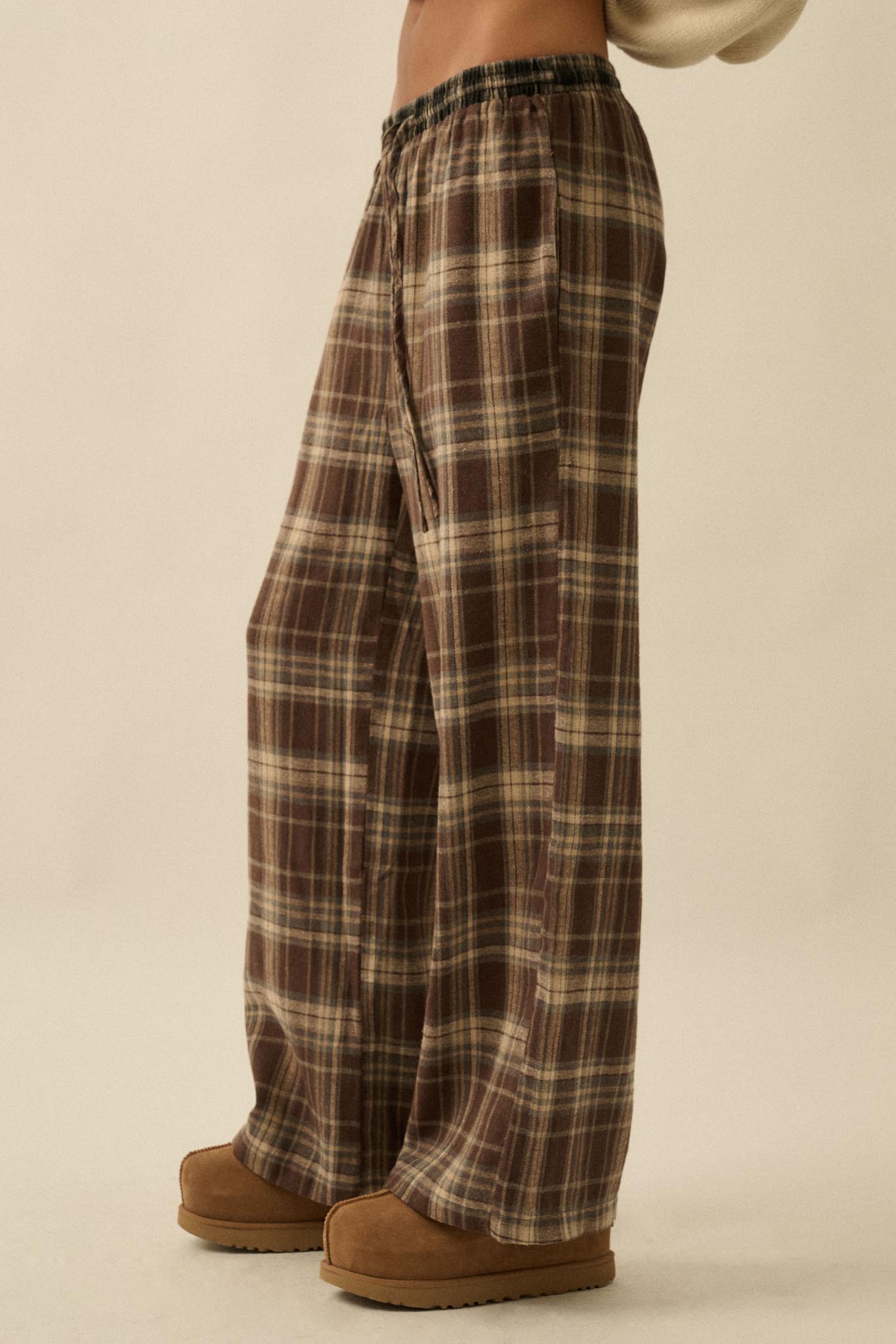 Plaid Influence Wide-Leg Drawstring Flannel Pants