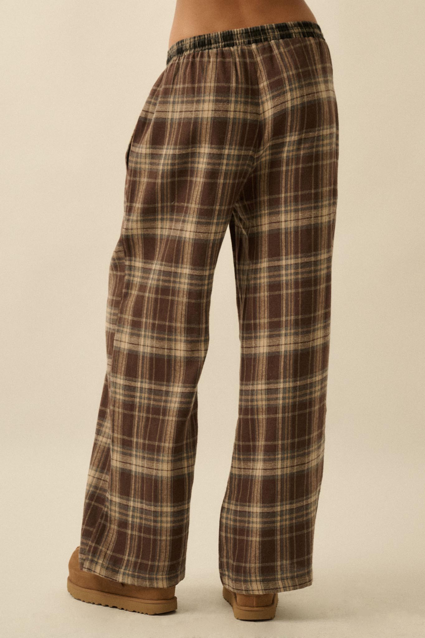 Plaid Influence Wide-Leg Drawstring Flannel Pants