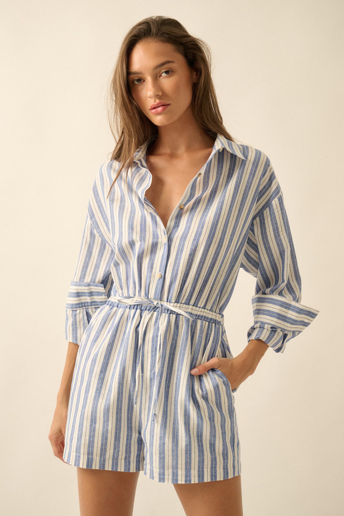 Lake Days Striped Drawstring Shirt Romper