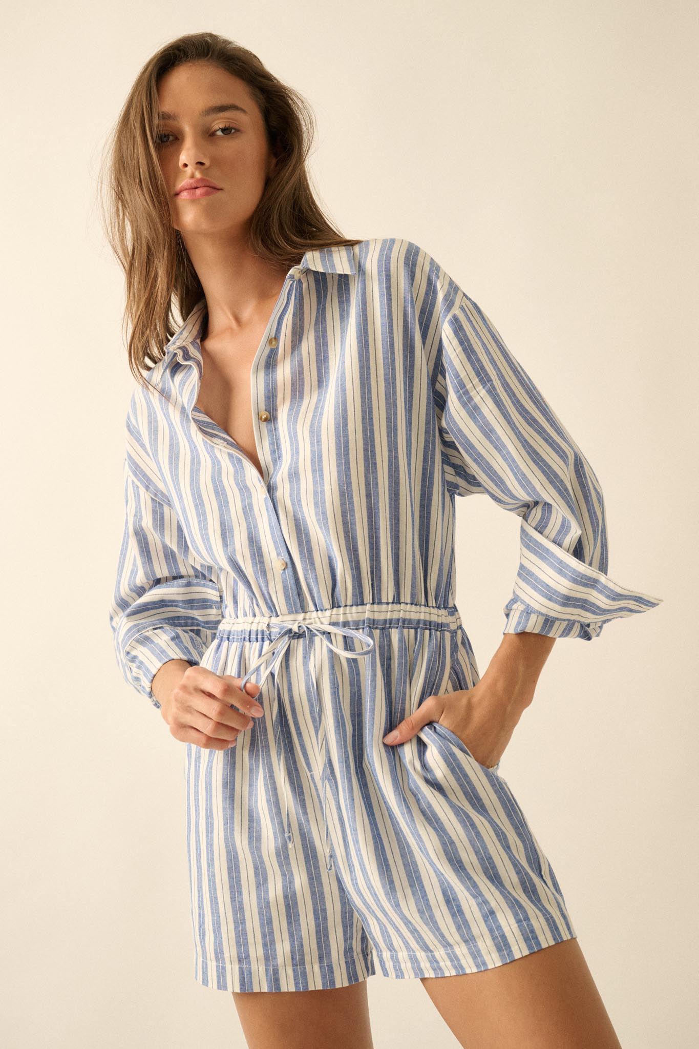Lake Days Striped Drawstring Shirt Romper