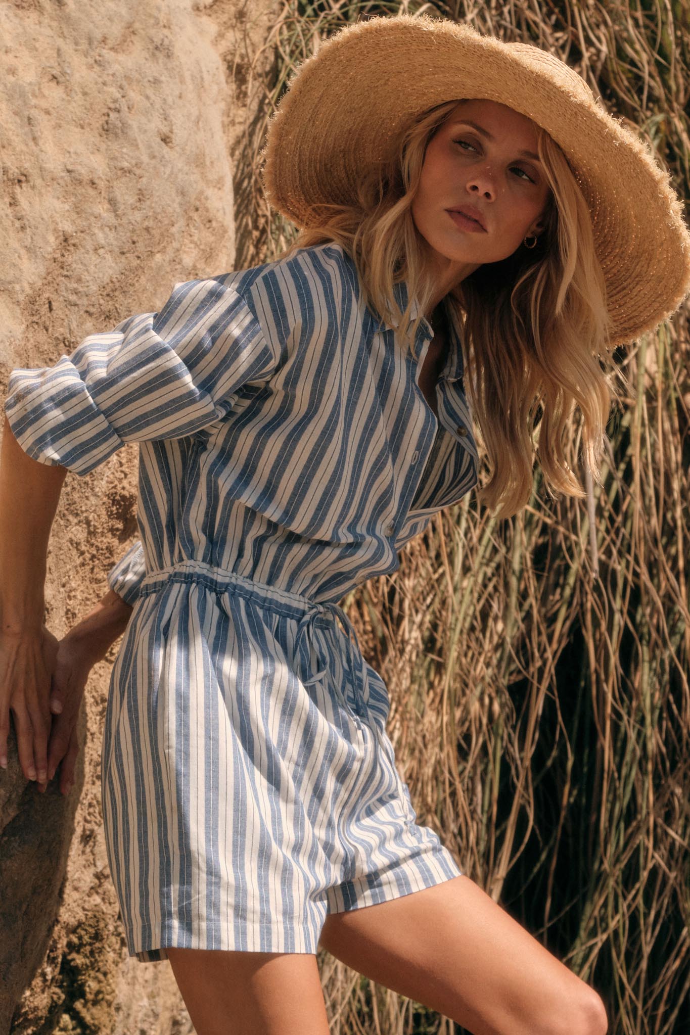 Lake Days Striped Drawstring Shirt Romper