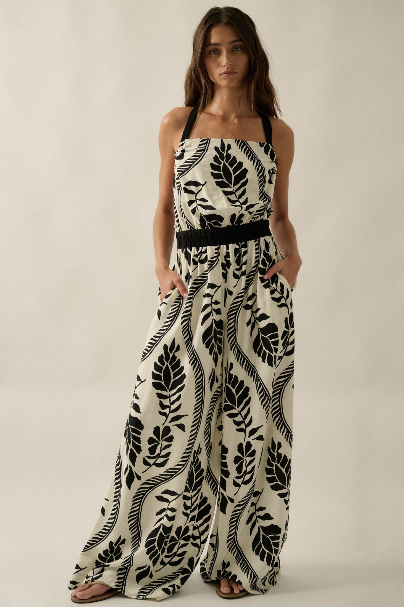 Jungle Queen Tropical-Print Wide-Leg Halter Jumpsuit