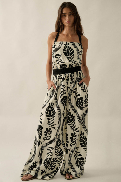 Jungle Queen Tropical-Print Wide-Leg Halter Jumpsuit