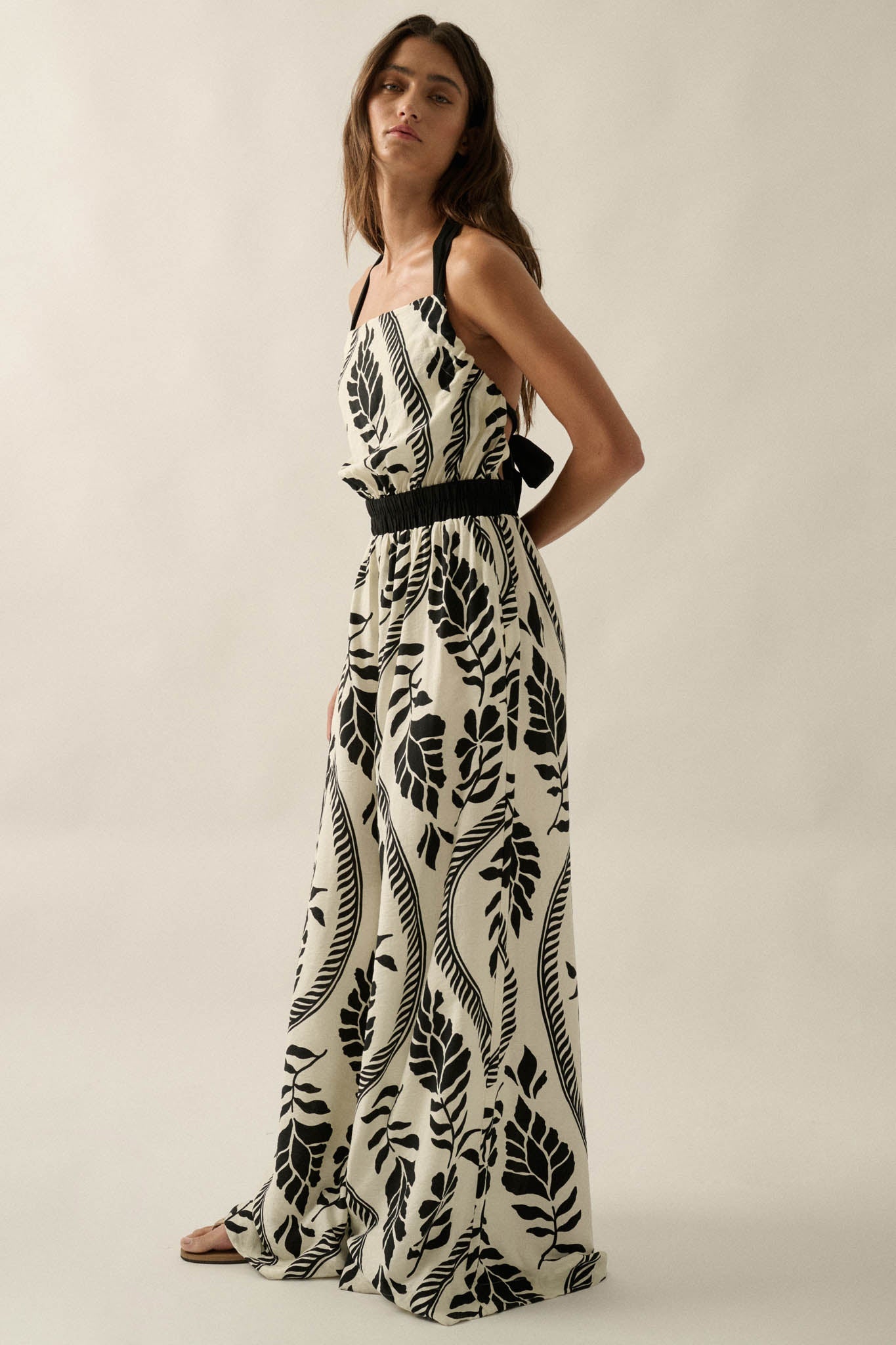 Jungle Queen Tropical-Print Wide-Leg Halter Jumpsuit