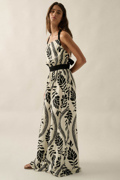 Jungle Queen Tropical-Print Wide-Leg Halter Jumpsuit