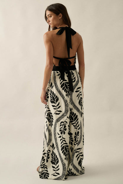 Jungle Queen Tropical-Print Wide-Leg Halter Jumpsuit