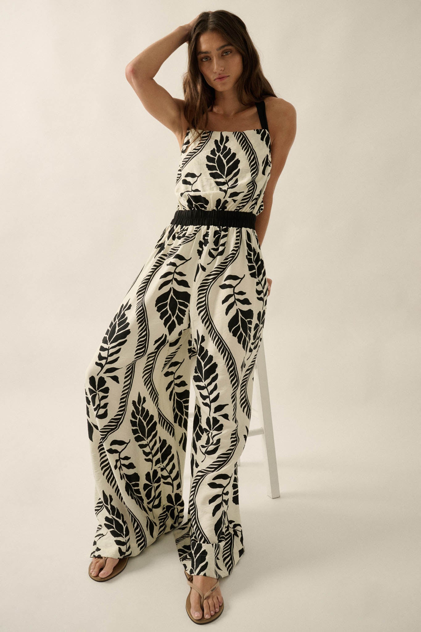 Jungle Queen Tropical-Print Wide-Leg Halter Jumpsuit