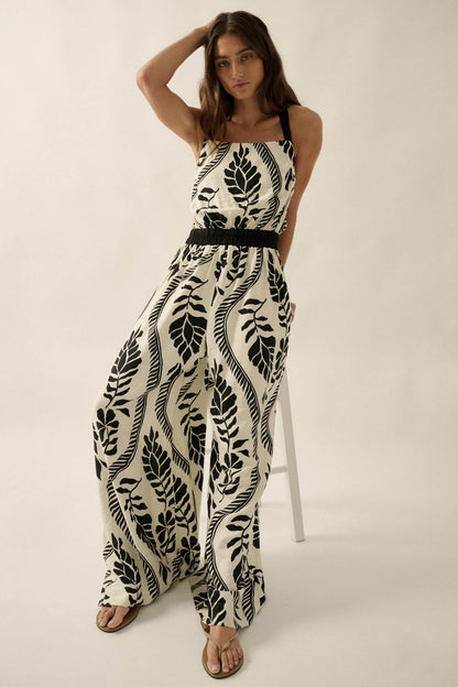 Jungle Queen Tropical-Print Wide-Leg Halter Jumpsuit