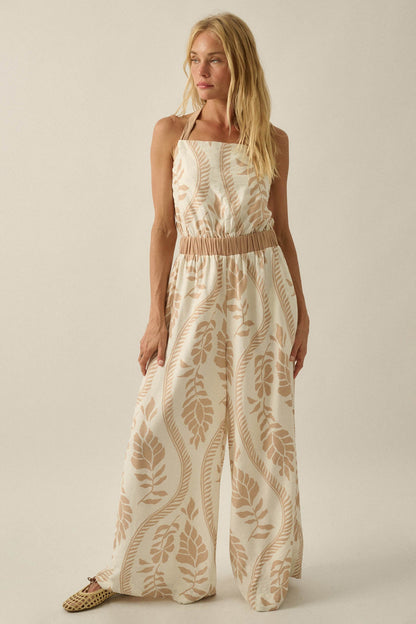 Jungle Queen Tropical-Print Wide-Leg Halter Jumpsuit