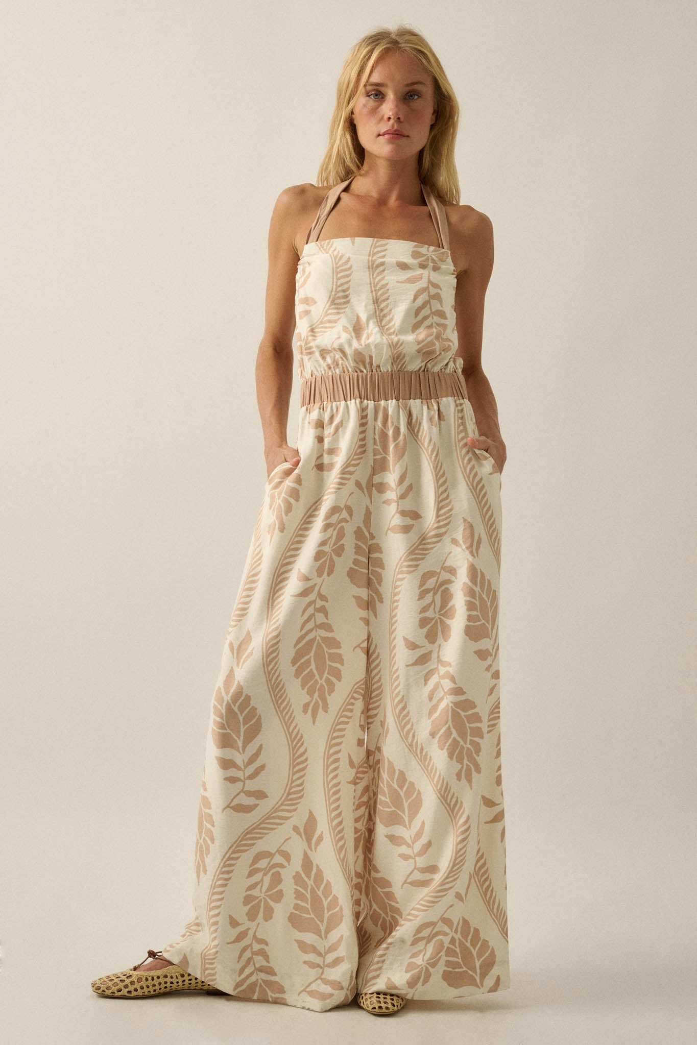 Jungle Queen Tropical-Print Wide-Leg Halter Jumpsuit