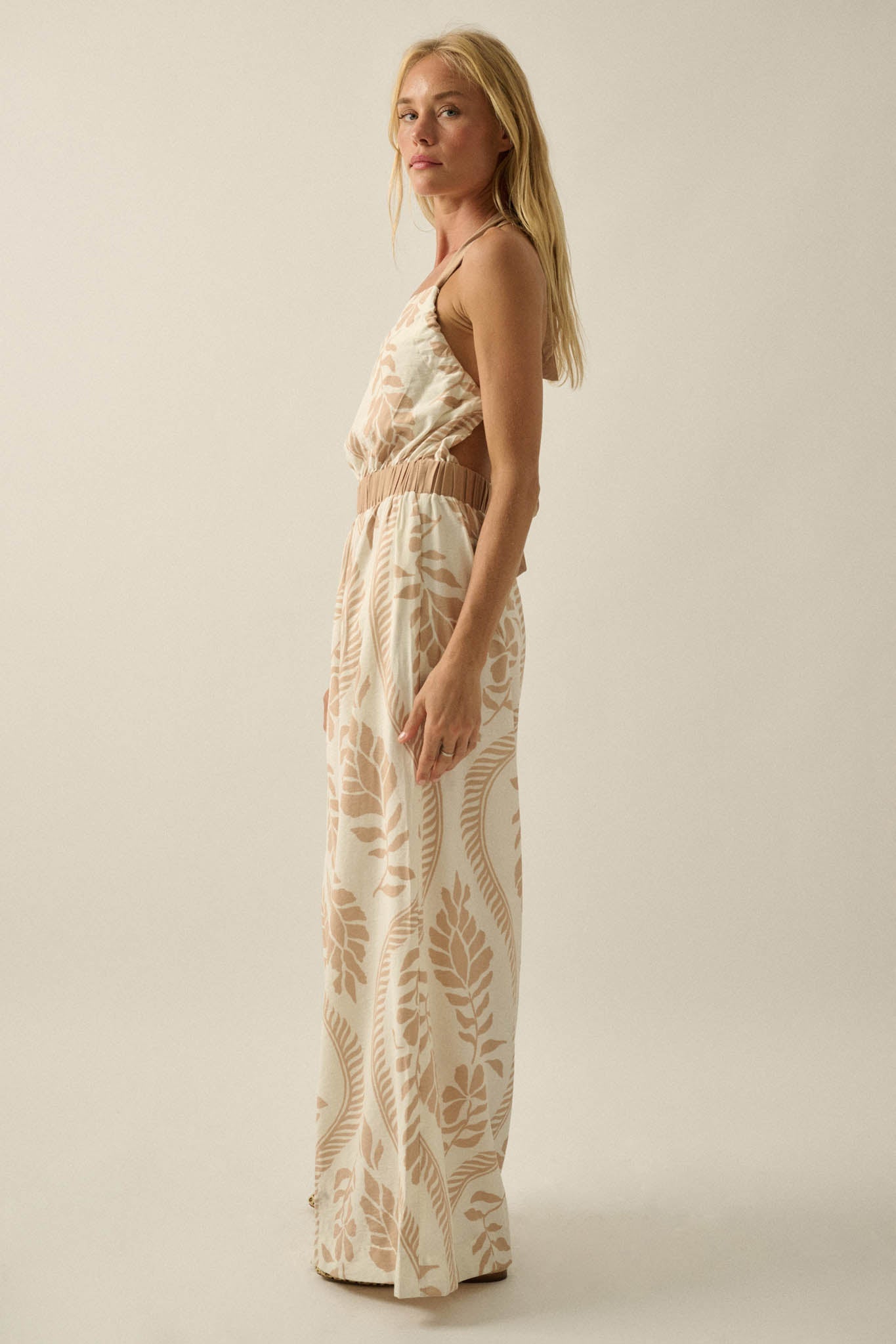 Jungle Queen Tropical-Print Wide-Leg Halter Jumpsuit