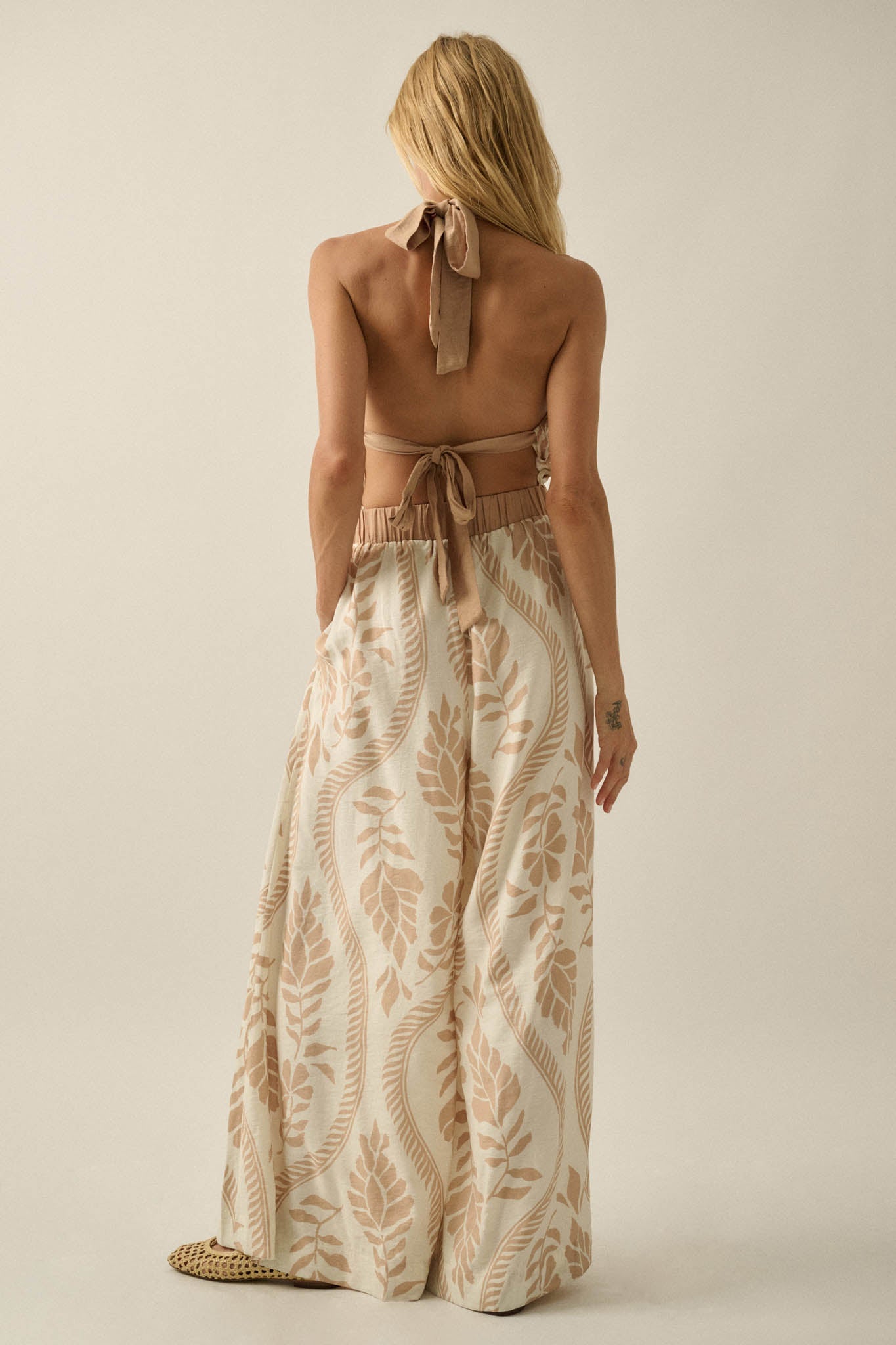 Jungle Queen Tropical-Print Wide-Leg Halter Jumpsuit