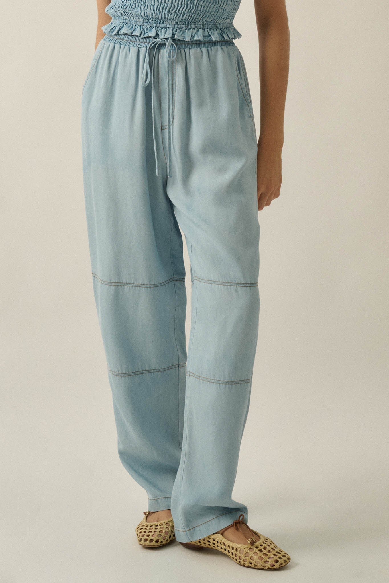 Chasing Clouds Denim Drawstring Barrel Pants