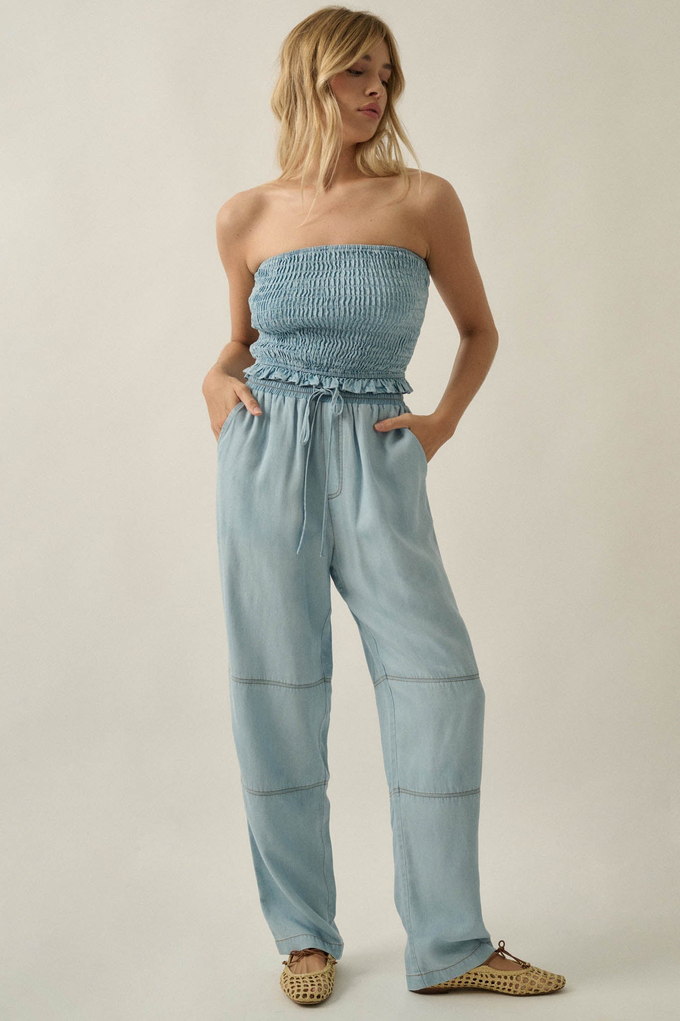 Chasing Clouds Denim Drawstring Barrel Pants