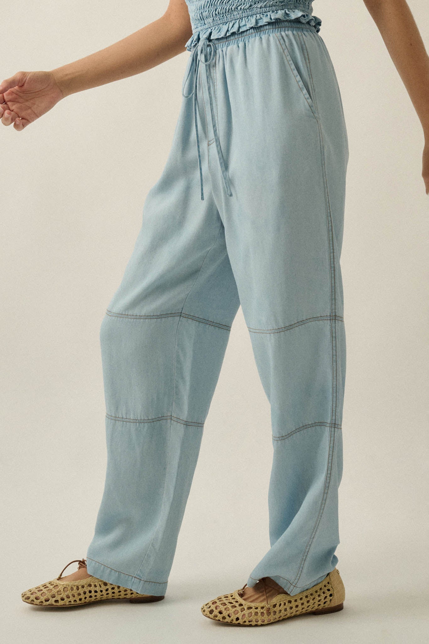 Chasing Clouds Denim Drawstring Barrel Pants
