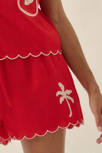Sandy Beach Tropical-Embroidered Pocket Shorts